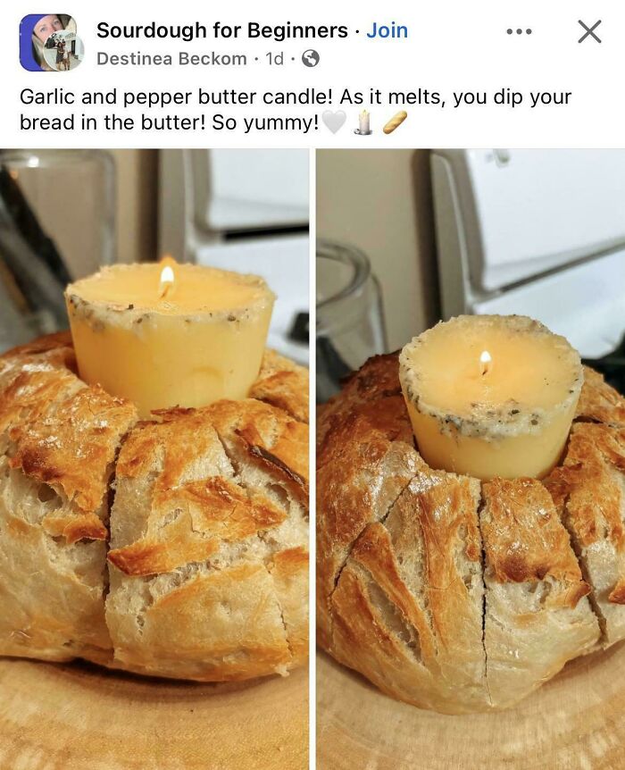 Garlic and pepper butter candle melting on a loaf of bread, a unique dish idea.