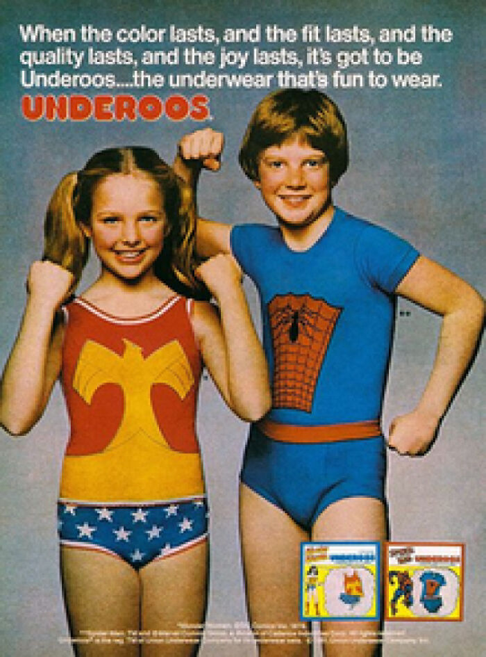 Two kids wearing vintage superhero underwear flexing arms, evoking nostalgia and creaking joints memories.