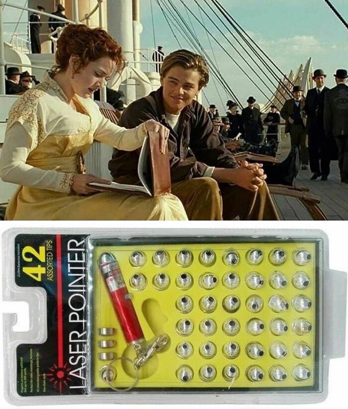 Scene from Titanic movie with Leonardo DiCaprio and Kate Winslet sitting, and a pack of assorted laser pointer tips on yellow backing.
