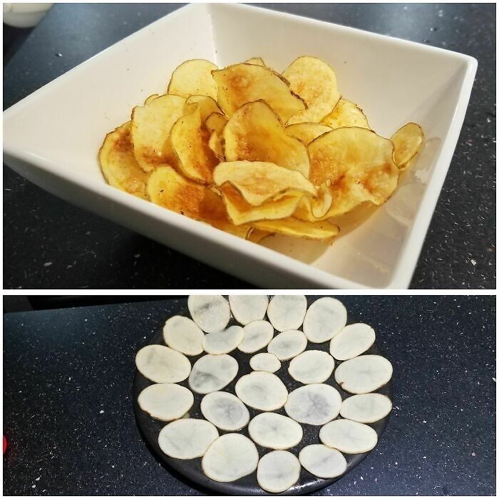 Microwave Crisps! Cut The Potatoes As Thin As Possible, Spray A Plate With Oil, Arrange The Potato Slices And Sprinkle With Sea Salt. Microwave For 3-4 Min Then Flip And Microwave For Another 2-3min