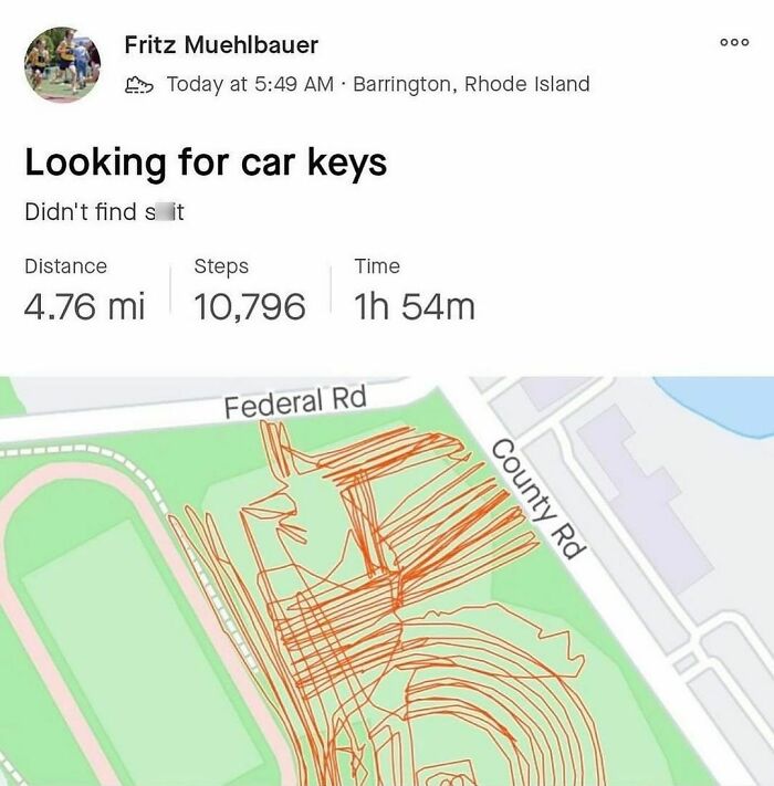 Fitness tracker map showing a 4.76-mile walk and 10,796 steps taken while humorously searching for car keys meme.
