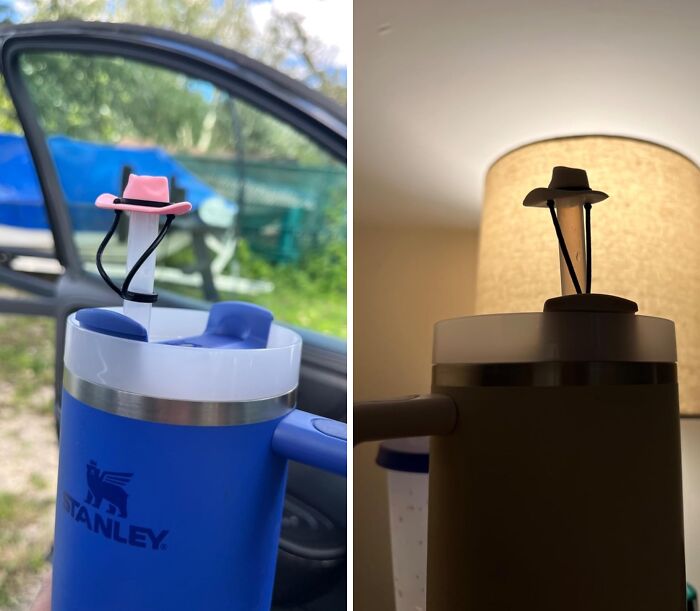Two quirky cup accessories with mini hats on top of Stanley tumblers, showcasing weirdly wonderful finds for unique lovers.