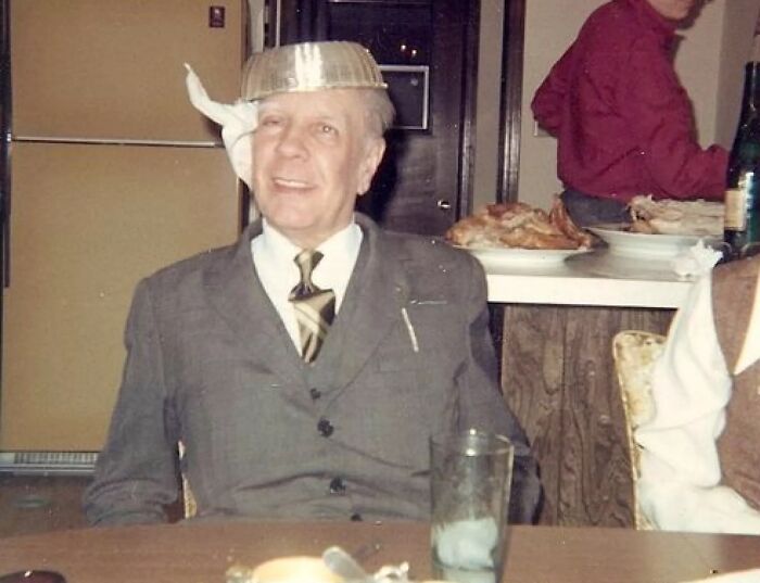 Jorge Luis Borges Poses With Bread Basket On His Head
