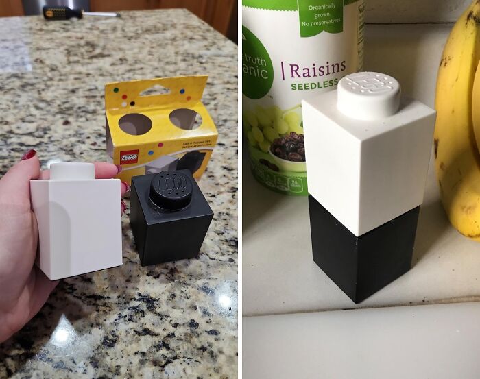 LEGO-shaped salt and pepper shakers, a weirdly wonderful find that stands out from beige kitchen items.