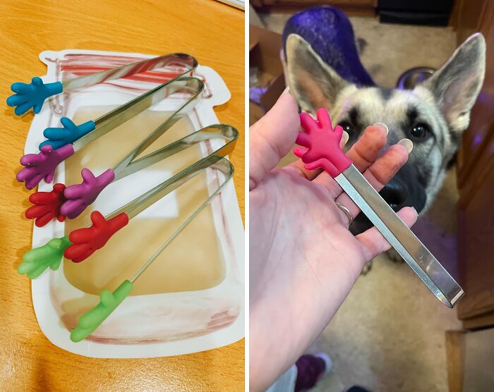 Colorful kitchen tongs with hand-shaped grips shown on a table and held near a dog, highlighting weirdly wonderful finds.