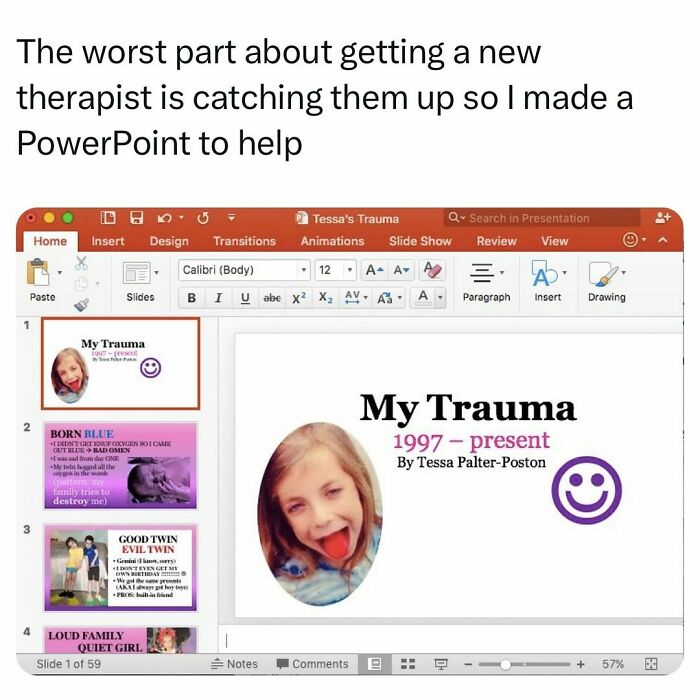 Screenshot of a humorous college confessions meme showing a PowerPoint titled My Trauma for relatable posts.