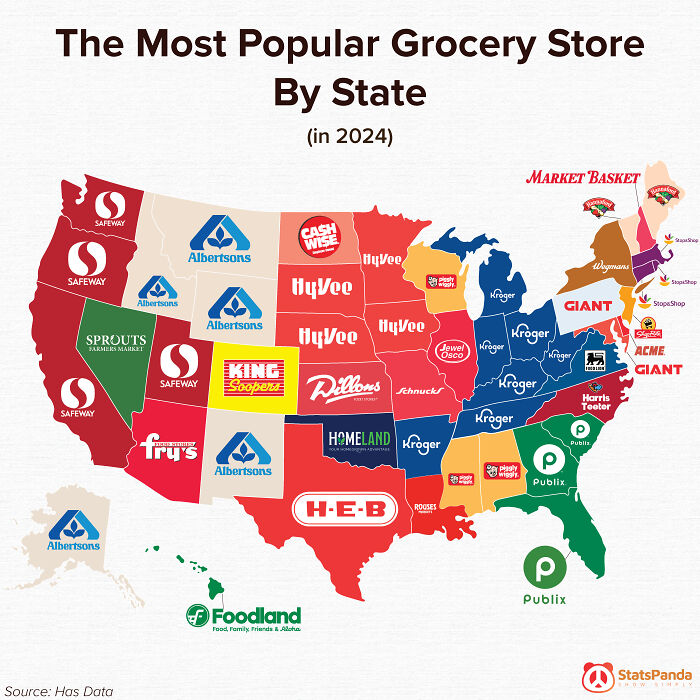 Map showing the most popular grocery store by state in 2024 as part of unique charts and guides visuals.