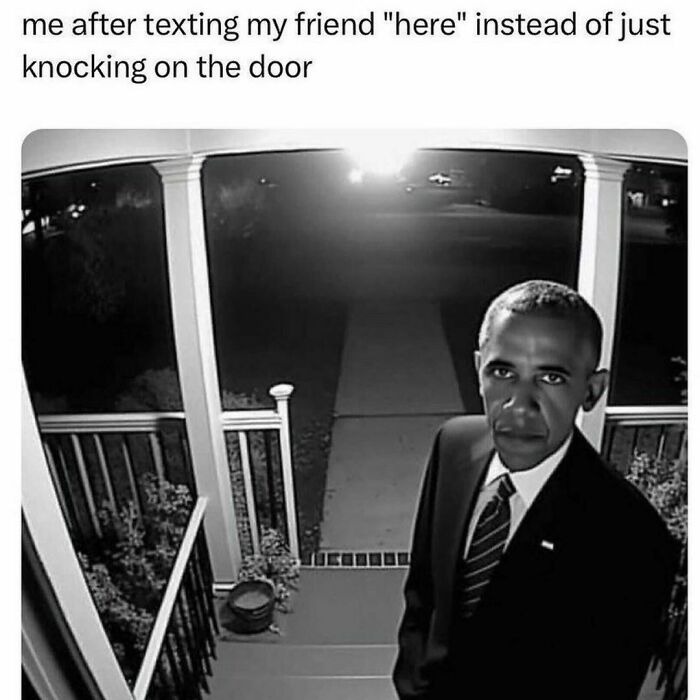 Man standing at a doorstep captured by a security camera, humorously reflecting a meme from an IG page.