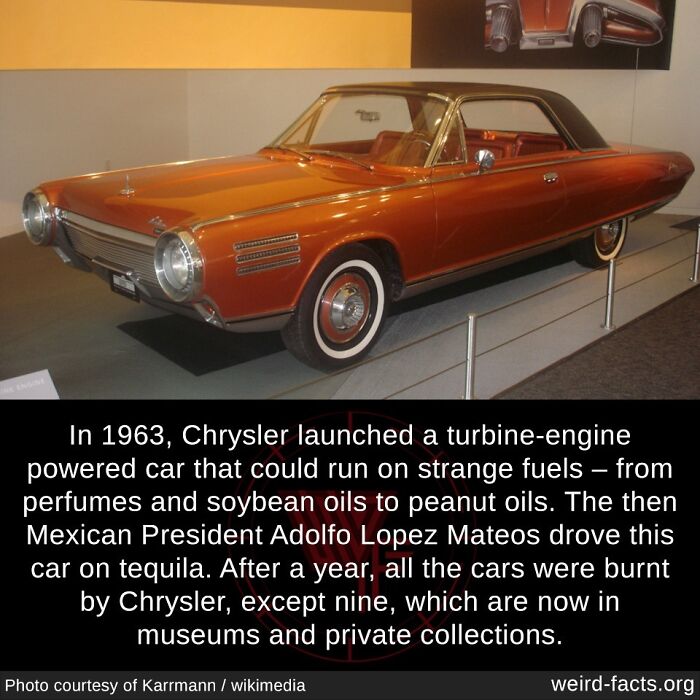 Orange vintage Chrysler turbine-engine car from 1963 with unique fuel history, now displayed in museums and private collections.