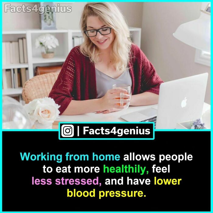 Woman working from home with a laptop, holding a glass, highlighting interesting facts for genius.