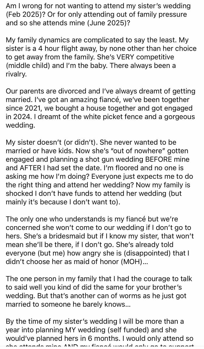 Text describing complicated family dynamics and decisions around attending a sister's wedding.