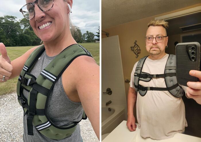 Two people wearing weighted vests, one outdoors and another in a bathroom, showcasing a most wished for fitness item.