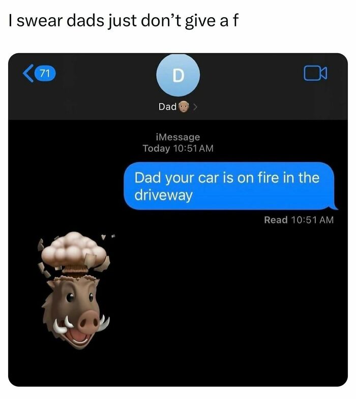 Text message conversation humor from college confessions meme page showing dad ignoring car fire warning in driveway.