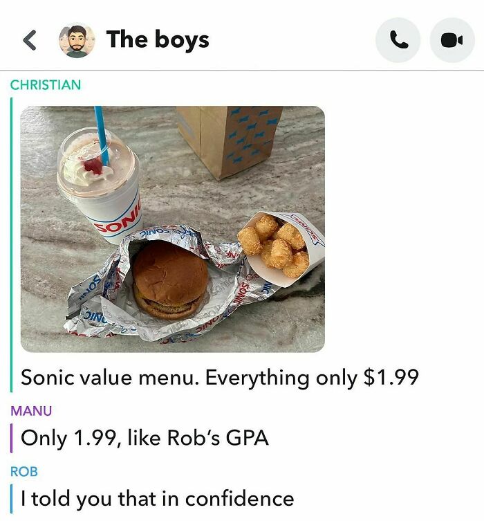 Chat conversation with a Sonic value menu meal, humorous college confessions meme post about GPA priced at 1.99.