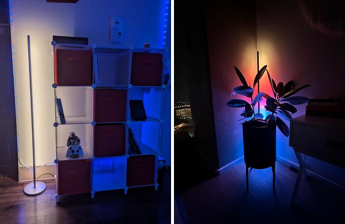 Smart home products featuring colorful LED floor lamps illuminating a room and a plant.