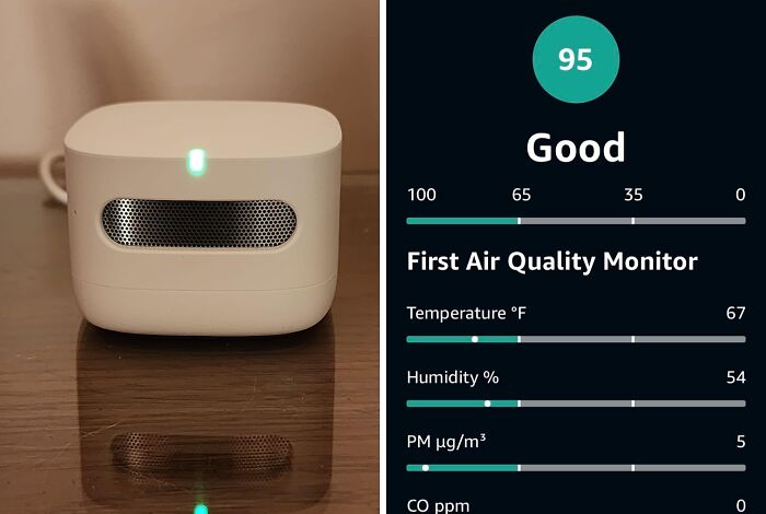 Smart home air quality monitor showing good temperature and humidity levels.