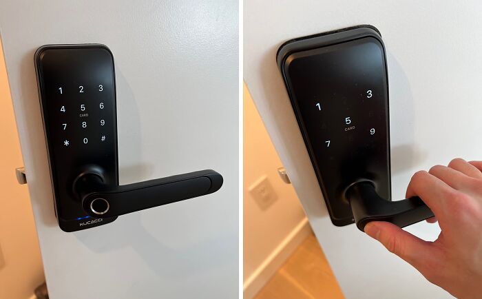 Smart home product, digital door lock with touchpad, being used on a white door.