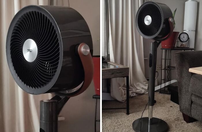 Smart home product: sleek pedestal fan in living room setting.