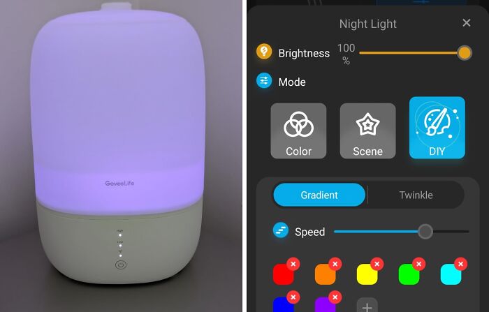 Smart home product showing a glowing device with app controls for light color and brightness settings.