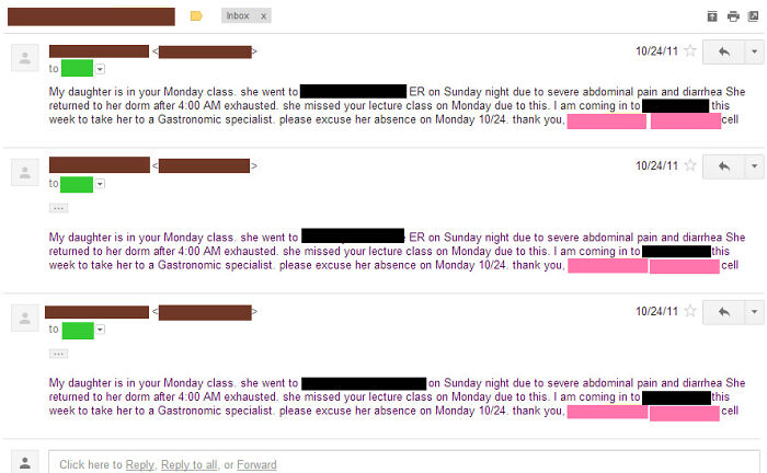 The Mother Of A Girl In My 300+ Person Class Tried To Use Her Daughter's School Account To Email The Professor About Her Absence. Instead, She Sent It To The Whole Class. Three Times
