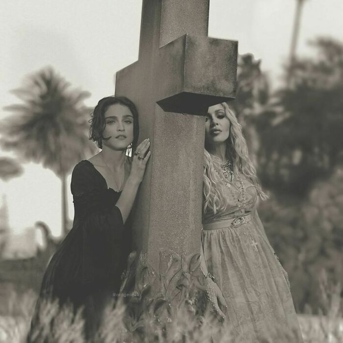 Celebrities photoshopped with their younger selves by a cross monument in a vintage-styled setting.