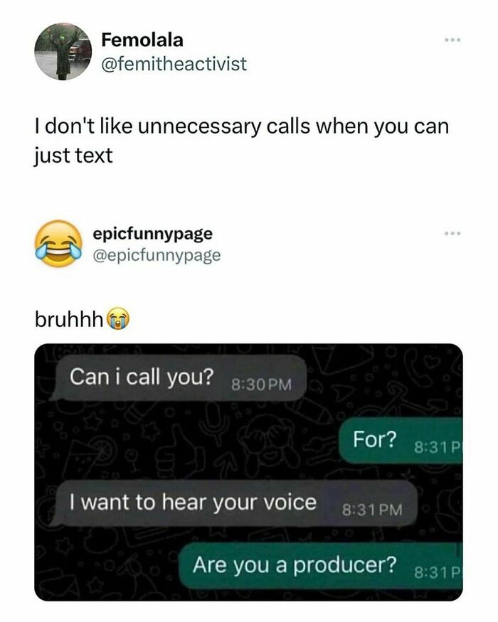 Text meme about preferring texts over calls, humorous chat exchange follows.