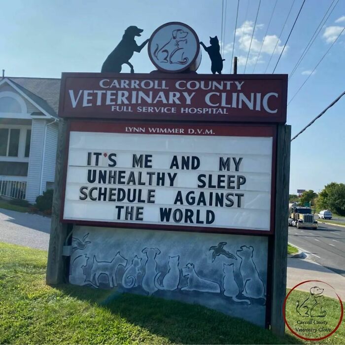 Veterinary clinic sign with a humorous joke about an unhealthy sleep schedule.