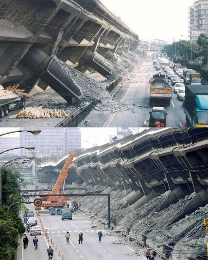 Collapsed elevated highway causing massive destruction and traffic disruption, triggering fear for those with megalophobia.