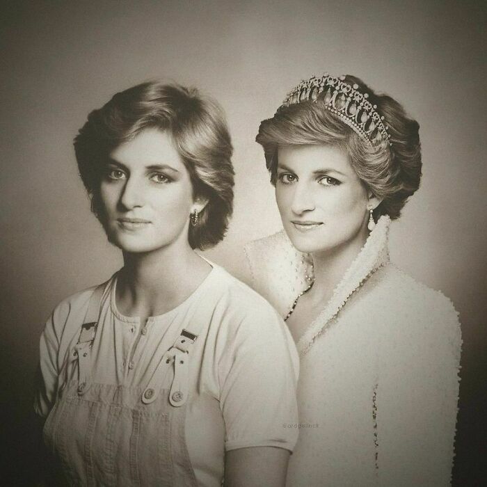 An older and younger version of a celebrity Photoshopped together in a single image.