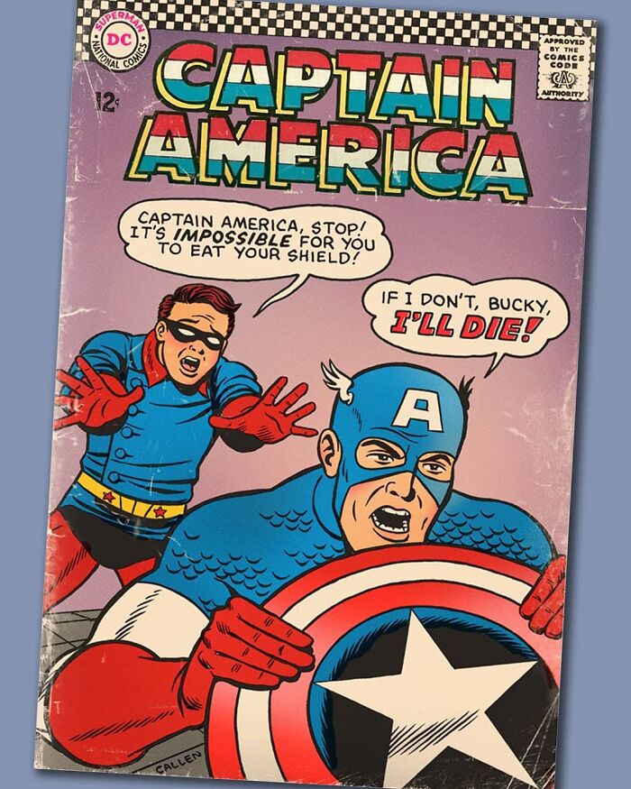 Humorous vintage comic book cover featuring Captain America and Bucky in a parody of DC and Marvel characters.