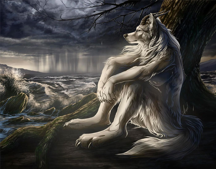 Alpha wolf sitting by a tree, gazing at the ocean under a stormy sky.