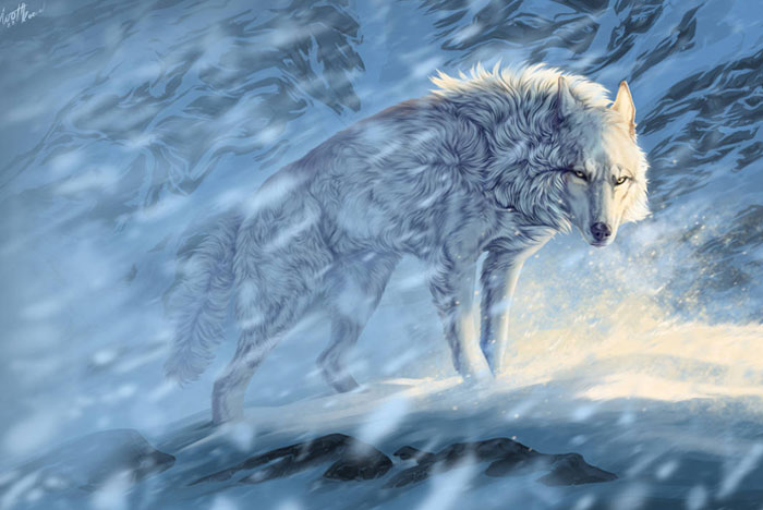 Alpha wolf standing in a snowy storm, embodying solitude and strength against a wintry backdrop.