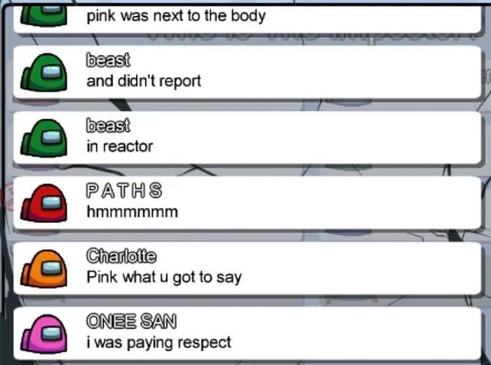 Among Us meme showing players in chat discussing why pink didn't report a body, with humorous justification.