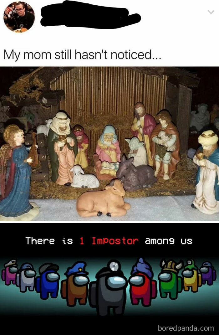 Among Us meme: Nativity scene with Yoda as the imposter, captioned "My mom still hasn't noticed..."