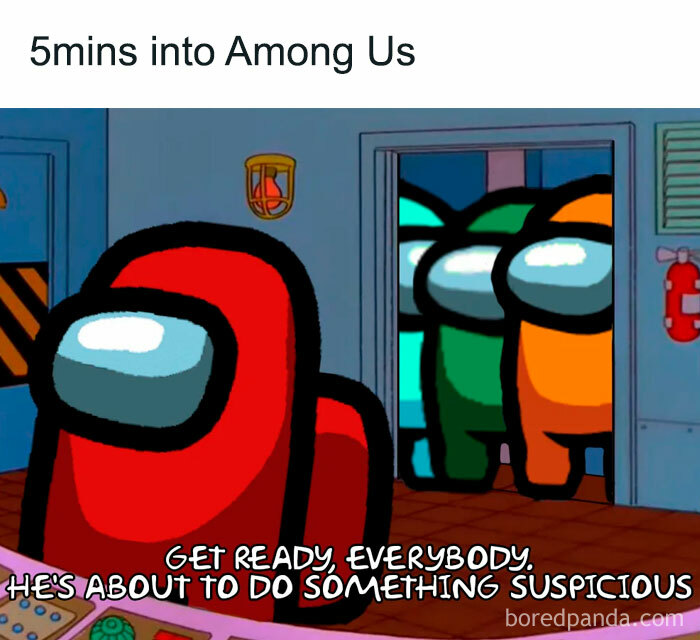 Among Us meme with a red crewmate in a room, observed by cyan, green, and orange crewmates, captioned about acting suspicious.