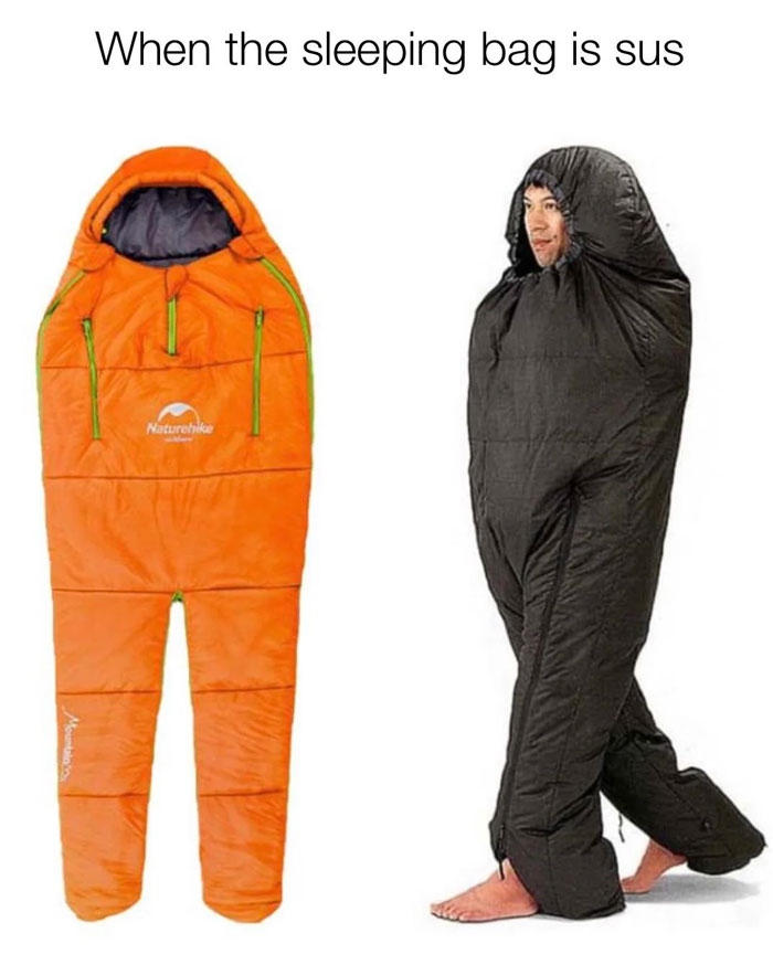 Among Us meme with orange and black sleeping bags resembling crewmates, captioned "When the sleeping bag is sus."