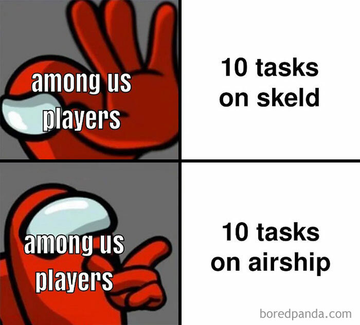 Among Us meme: red crewmate confident with Skeld tasks, confused with Airship tasks.