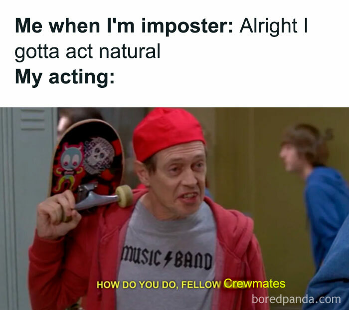 Among Us meme with Buscemi acting awkwardly as an imposter, humorously captioned like 30 Rock's "fellow kids" scene.