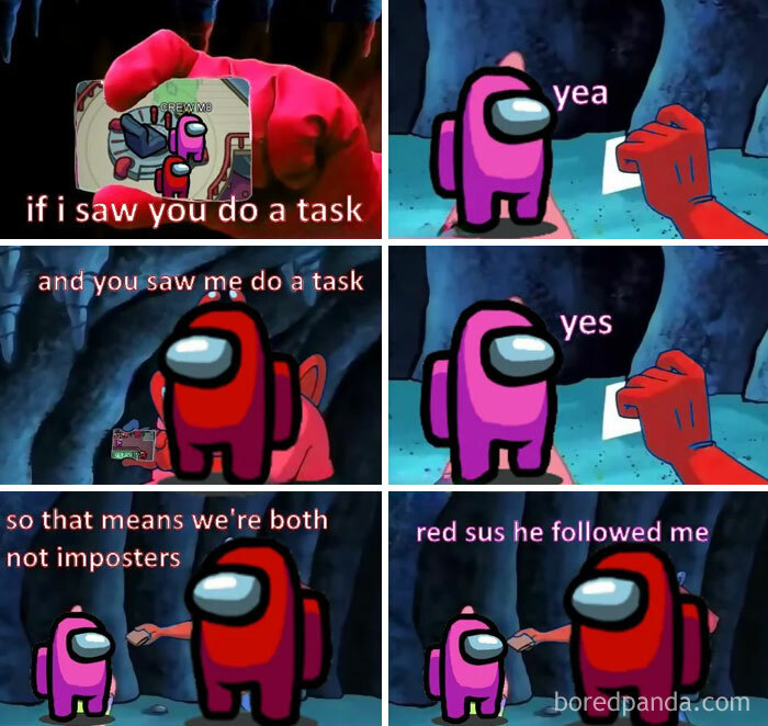 Among Us meme with red and pink crewmates in dialogue, red being accused despite both seeing tasks being done.