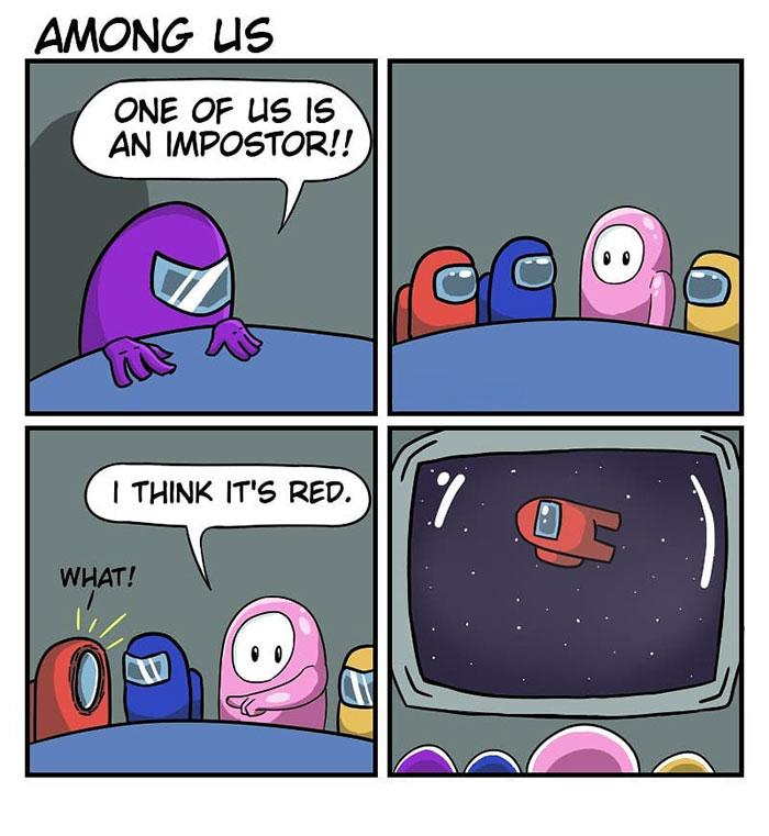 Among Us comic: Purple accuses, pink blames red, red shocked. Red ejected into space, highlighting unjustified accusations.