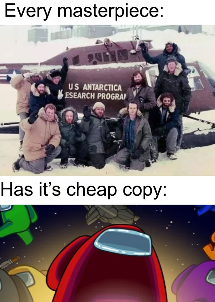 Among Us meme comparing "The Thing" with crewmates, humorously implying the game is a cheap copy of the film's themes.