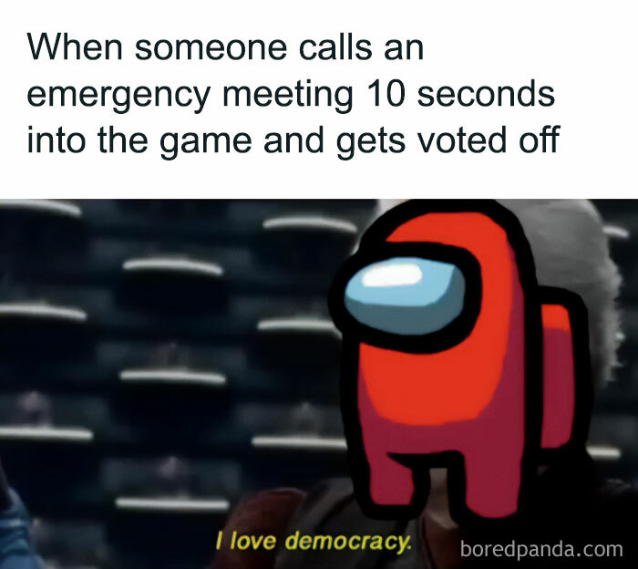 Among Us meme with red crewmate in "Star Wars" scene, captioned "I love democracy," humorously showing quick decisions.