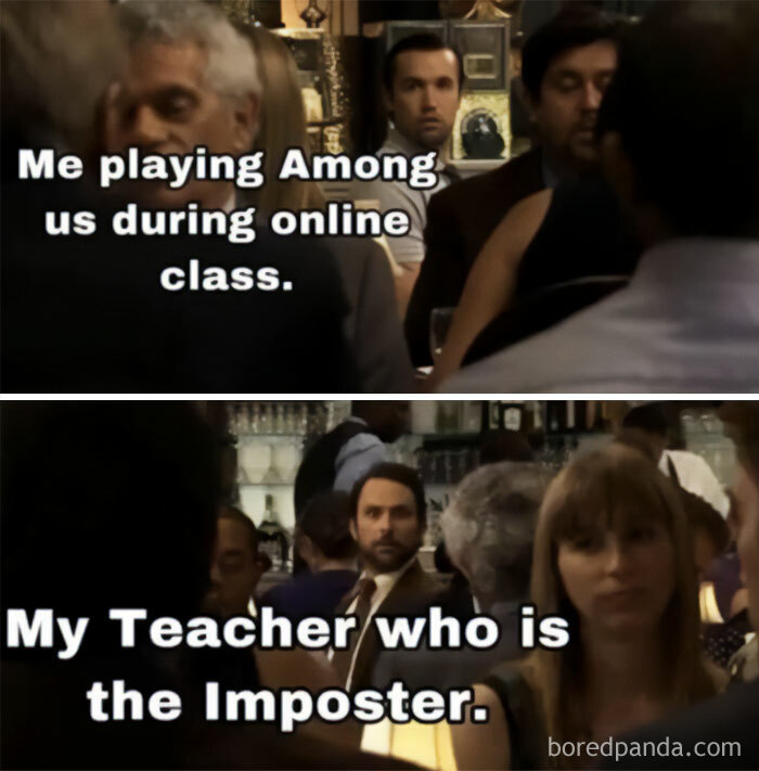 Among Us meme with "It's Always Sunny" scenes: student surprised in class, teacher revealed as Imposter.