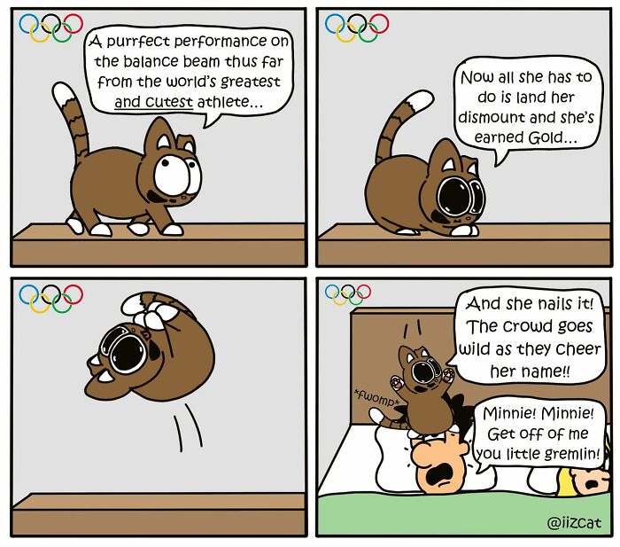Comic illustration of a cat performing gymnastics, highlighting relatable moments for cat owners.