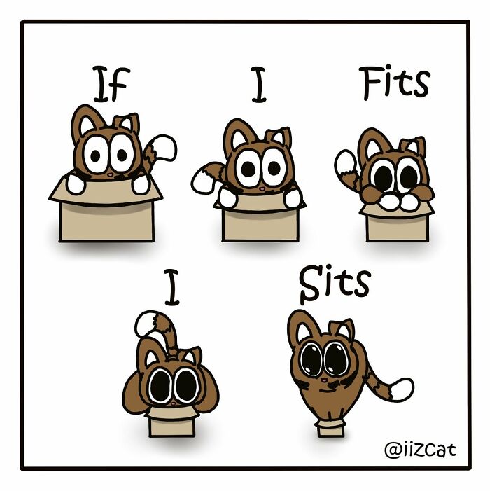 Illustration of a cat experiencing relatable moments with boxes, captioned "If I Fits I Sits."