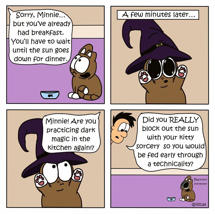 Comic illustration of a cat wearing a wizard hat, humorously practicing magic for more food, portraying relatable cat moments.