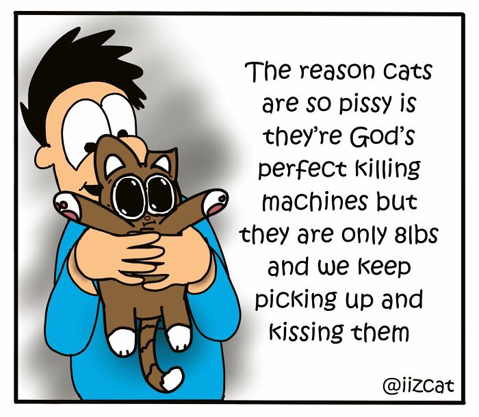 Cartoon of a person holding a cat with a humorous quote about cat behavior; relatable cat moments illustrated.