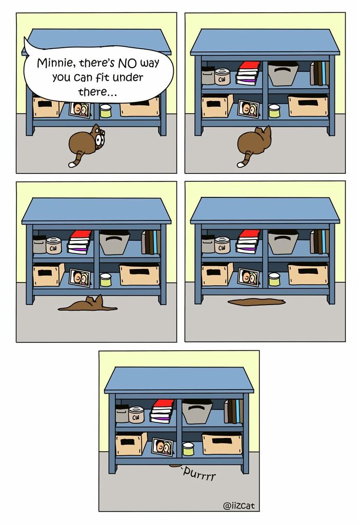 Comic of a cat humorously squeezing under a shelf, illustrating relatable cat moments for owners.