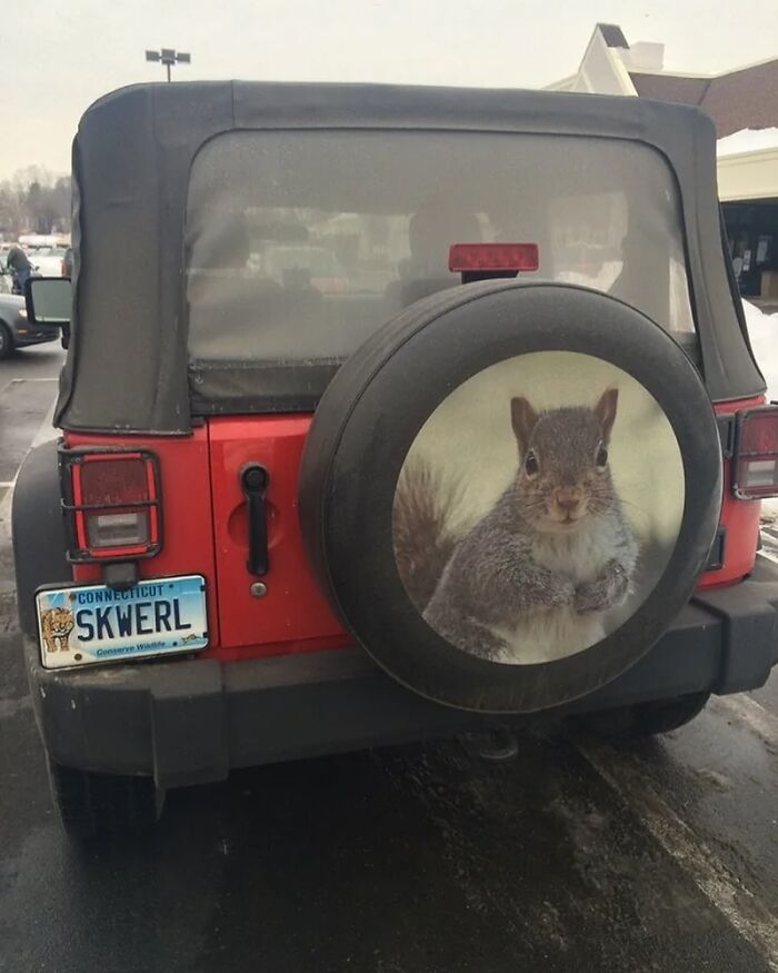 Red jeep with a squirrel image on the spare tire cover and a personalized license plate reading SKWERL in a parking lot.