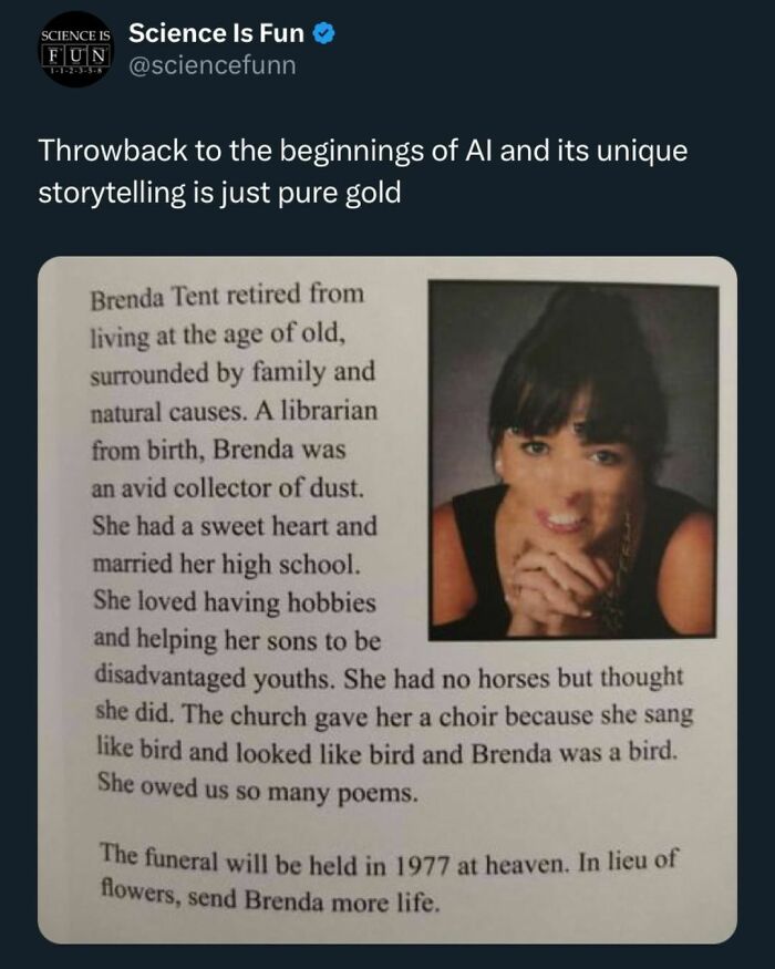 Screenshot of a humorous science meme featuring a quirky obituary text, part of 50 hilarious science memes collection.